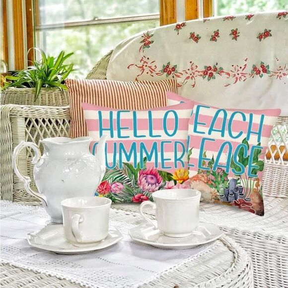 Hello Summer Pillow Covers 24x24 Inch Set of 4 Pink Summer Decorations Throw - Picture 3 of 6